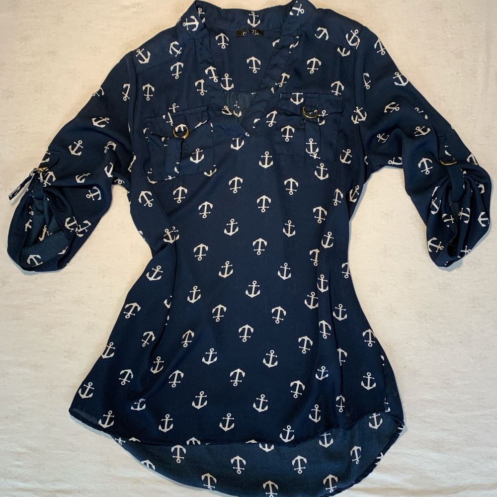 Rue21 Dark Blue Anchor Pattern Blouse